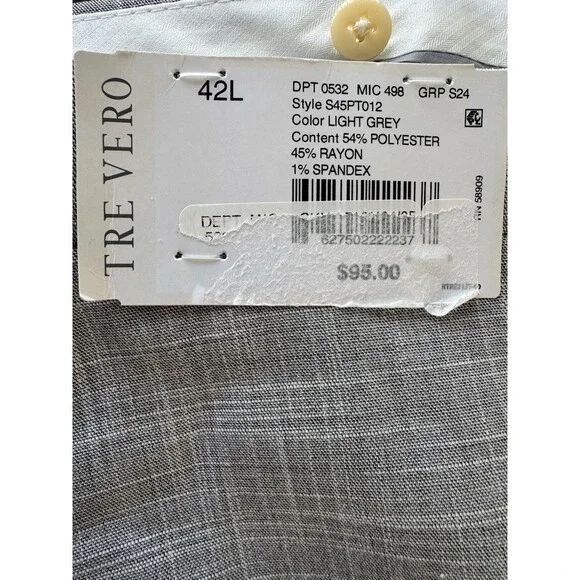 Tre Vero Modern Fit dress pants Flat Front Tuxedo Striped size 42L Gray Unhemmed